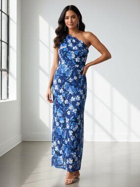 Marina Lace One-Shoulder Maxi Dress NWT Blue Large- Zipper is stuck